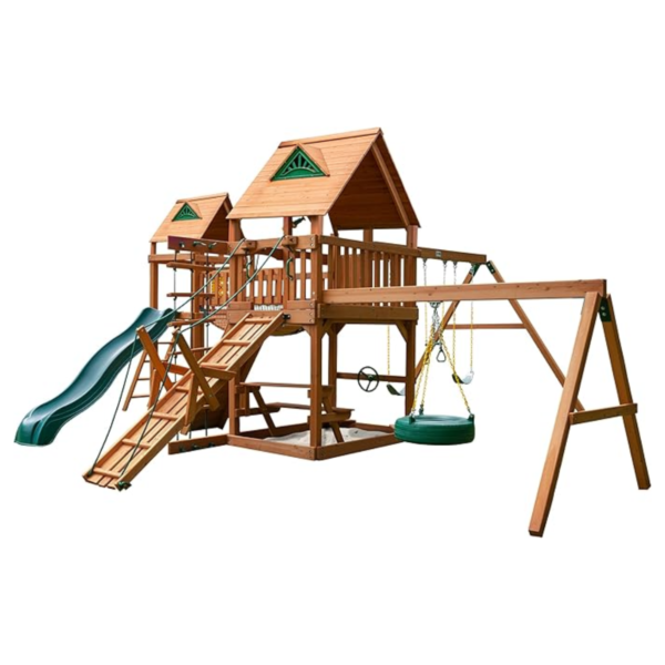 Gorilla Playsets Pioneer Peak Treehouse Wooden Swing Set with Tire Swing, and Clatter Bridge and Tower